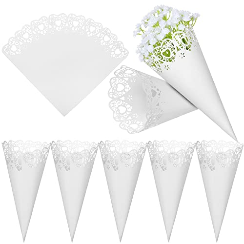 GWHOLE 100 pz Coni Portariso Cuore Bianco Portaconfetti Scatoline Bomboniere Coni di Coriandoli a Forma di Cuore Tagliati a Laser per Matrimonio Nozze con Autoadesivo