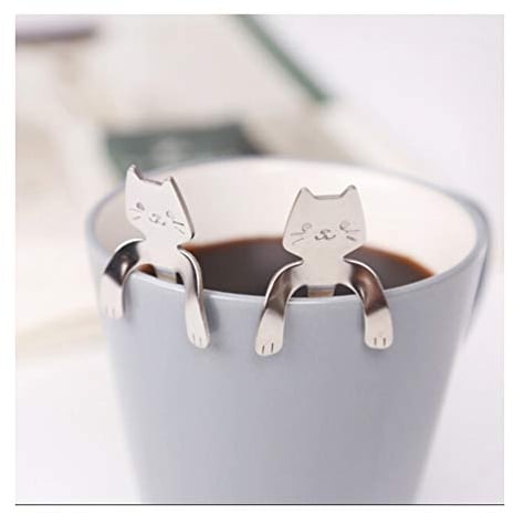 4 Pcs Katze Kaffee Löffel Set, Edelstahl Kätzchen Hängendes Design Teelöffel Dessertlöffel für Wasser Tee Milch Kaffee Dessert Drink Mischen Milchshake,zum Aufhängen Tasse Löffel Küche Gadget