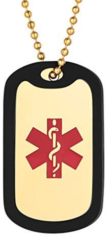 PROSTEEL Herren Medical Alert Dog Tag personalisiert Erkennungsmarke mit 18k vergoldet Kugelkette 60cm Schmuck Notfall SOS ICE Alarm Anhänger Halskette Infos Gravur für Epilepsie Alzheimer