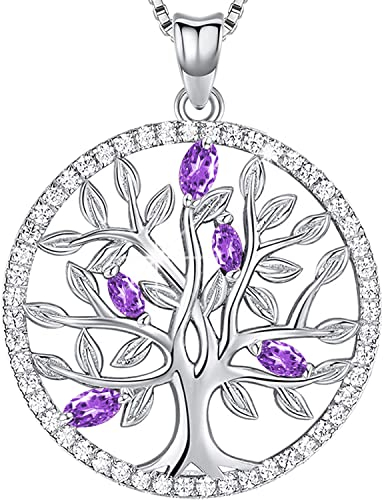 Tree of Life Necklace for Women Sterling Silver 925, Tree of Life Pendant with Amethyst, Family Tree Pendant Necklace with Birstone for Women