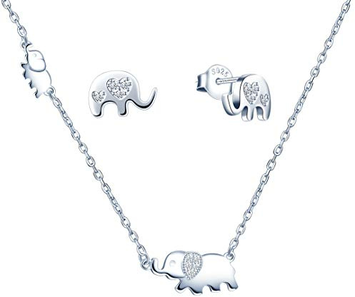 Yumilok Damen Schmuckset Halskette mit Elefant Zirkonia Anhänger & Damen Ohrstecker Elefant Ohrringe aus 925 Sterling Silber für Mädchen