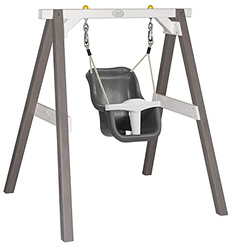 AXI Babyschaukel mit Gestell aus Holz, grau & Weiß für den Garten | Outdoor Schaukel für Babys und Kleinkinder | Für Kinder ab 9 Monate | Schaukelsitz in Grau & Weiß