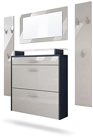 Vladon Garderobe Malea, Garderobenset bestehend aus 1 Hängeschuhschrank, 1 Wandspiegel und 2 Garderobenpaneele, Anthrazit matt/Sandgrau Hochglanz, inkl. LED-Beleuchtung weiß