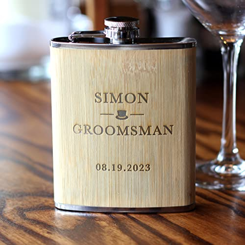 eBuyGB Personalised Wooden Stainless Steel 6 oz Hip Flask, Laser Engraved Wedding Gift for Father of The Bride, Father of The Groom, Best Man, Usher, Groomsmen, Stag Party