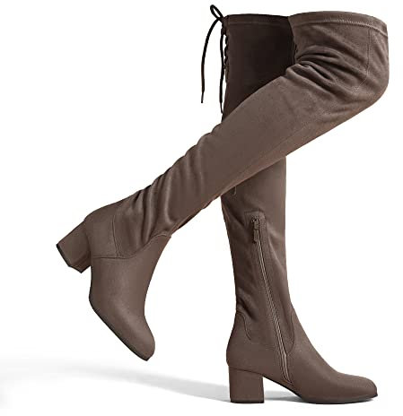 DREAM PAIRS Damen Overknees Schnürstiefel Langer Schaft Wildleder Warme Kniehohe Stiefel mit 5,6 cm Blockabsatz,Size 40,Khaki/Wildleder,LAURENCE-E