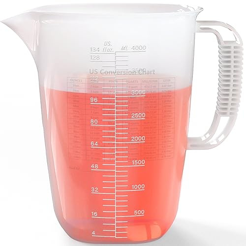 Pichet de Mesure 3,8 L - Grand Récipient en Plastique Résistant à la Chaleur Avec Poignée Solide et Tableau de Conversion - Pour Produits Chimiques de Piscine