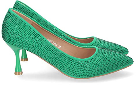 shoes&blues.es 69164-Zapato de Tacon Fino para Mujer, Comodo, Estilo Salon, con Strass, Punta Fina, Otono Invierno 2022. Talla 37 Verde