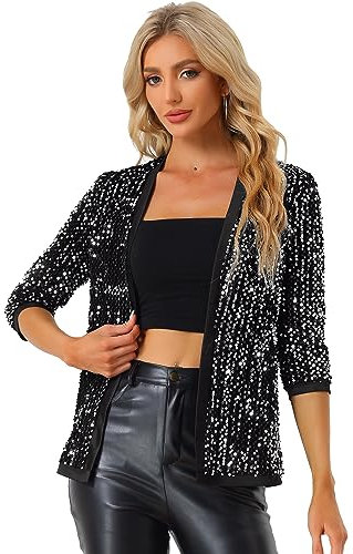 Allegra K Damen Pailettenjacke Glitzer Elegant Blazer Langarm Pailletten Party Club Offen Jacke Jacken Silber L