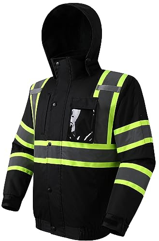 JKSafety Warnschutzjacke für den Winter, fluoreszierende Farbe, langlebig, wasserdicht, leicht, für Herren, ANSI-konform, Klasse 3