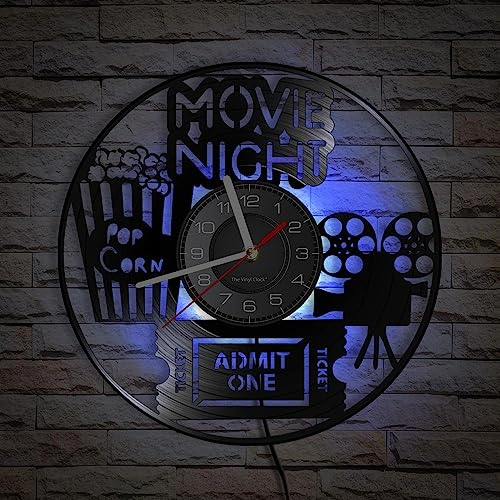 Smotly Vinyl-Wanduhr, Kunstuhr für Kino-Paket, mit 7-farbigem Licht, eine Wanduhr als Geschenk für Film-Enthusiasten (mit Licht/Geschenk: Haken + Geschenkbeutel)