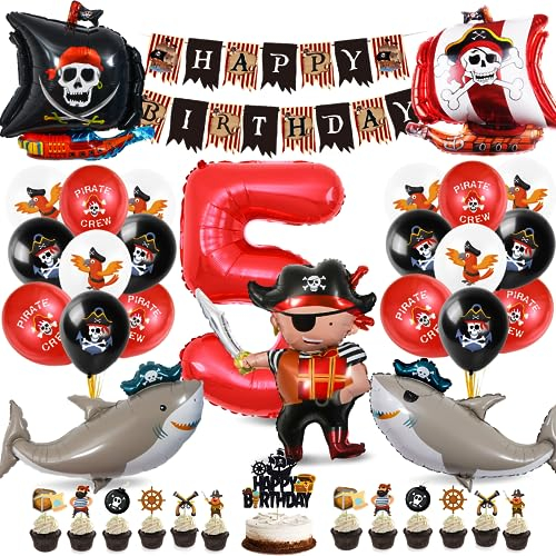 Piraten Geburtstag Deko Set,5 Jahre Kindergeburtstag Piraten Deko,Pirat Folienballon 5 mit Happy Birthday Banner und Tortendeko für Junge Mädchen Geburtstag Halloween
