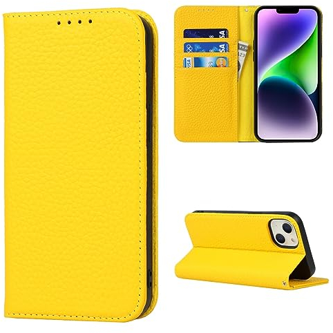 Cavor iPhone 14 Plus Case,Flip Genuine Leather Wallet Case,[4 Card Holders][Magnetic Closure][With Lanyard],Plustective Phone Cover Case for iPhone 14 Plus - Yellow