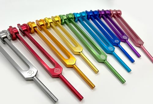 MYRIAD MELODIES 9pc Secret Solfeggio Tuning Fork Set - 528hz, Printed Engrams, Drawstring Pouch and Strikers, Chakra Alignment, Sound Therapy, Biofield Therapy - Multicolor | Designed Specifically for Use with Boot Attachments – Sound Practice, Meditation & Precision Placement