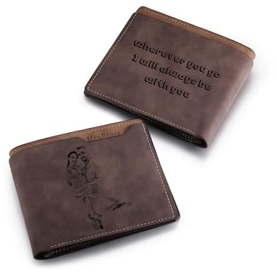 MeMeDIY Personalisierte Bifold Leder Brieftaschen für Männer Individuell Foto/Text Herren Geldbörsen Personalisierte Skizzenbild-Geldbörse Geschenke für Männer Freund Vater (A1-Text, Dunkelbraun)