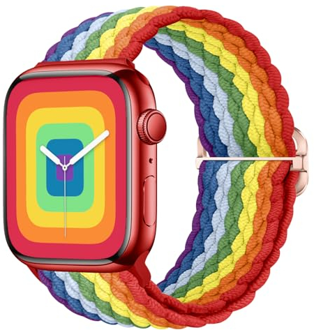 Nepfaivy Geflochtenes Armband Kompatibel mit Apple Watch Armband 40mm 41mm 38mm 42mm für Damen Herren, Nylon Stoff Sport Elastisches Ersatzarmband für iWatch Series 10/9/8/SE/7/6/5/4/3/2/1, Regenbogen