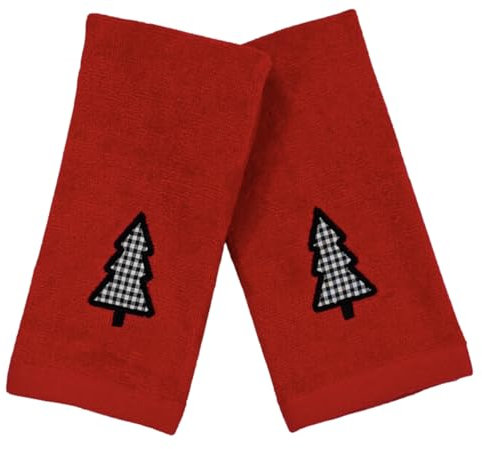 Dekoratives rotes Handtuch-Set mit Weihnachtsmotiv: Luxus-Badezimmer-Fingerspitzenhandtücher, bestickter Baum, 2 Stück