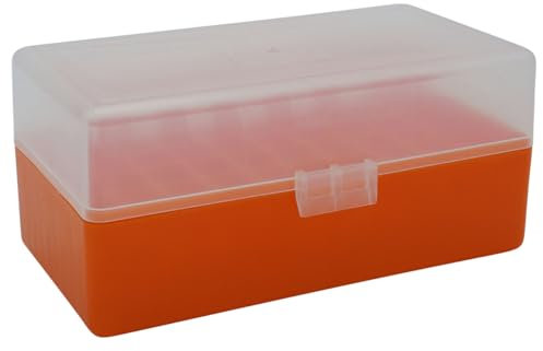WPW Patronenbox aus robustem Kunstoff mit Klappdeckel für Kaliber .223 Rem, 5,56 mm NATO, 222 Rem - 50 Patronen in orange-transparent