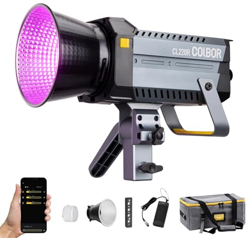 Videoleuchte,COLBOR CL220R RGB LED Video Licht,220W Dauerlicht 2700K-5600K M/G Balance COB Studio Fotografie Beleuchtung CRI97+ mit Bowens Mount APP Steuerung 13 Lichteffekte