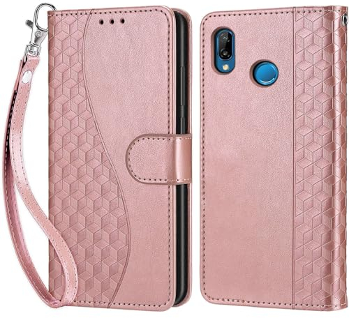 Handyhülle für Huawei P20 Lite Hülle, Huawei P20 Lite Hülle, Premium Leder Flip Klappbare Stoßfeste Magnetische [Standfunktion] [Kartenfächern] Schutzhülle Tasche - Roségold