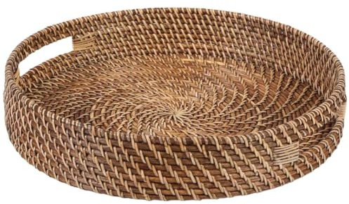Rattan-Serviertablett BEA L rund Rattan geflecht handgefertigt dekoratives Tablett für Getränke, Frühstück, Tee, Service | Boho Chic Servierteller Deko-Tablett Ø 36cm LOM20042