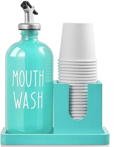 Distributeur de bain de bouche turquoise pour salle de bain, distributeur de bain de bouche en verre de 473,6 g avec porte-gobelet et plateau, récipient pour bouteille de bain de bouche, décoration de