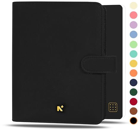 NEORAH B6-Notizbuchhülle mit Druckknopf, Punktraster-Tagebuch, Kunstlederhülle und Stiftschlaufe, 2 vordere 1 hintere Fach, 6 Kartenfächer, Schwarz