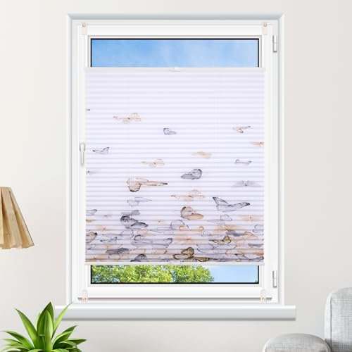 Plissee mit Motiv 65x110cm(BxH) Weiß Neuste Version Plissees Klemmfix ohne Bohen Blickdicht Faltrollo Lichtdurchlässig Rollos für Fenster ohne Bohren