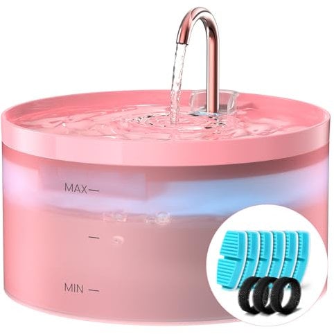 Rose 3,2L Fontaine a Eau Chat, 6 Pièces Filtre à Charbon+3 Pièces Éponges, Fontaine à Eau pour Chat Pompe Silencieuse avec Éclairage LED, Filtration Multiple, Réservoir d'eau Translucide