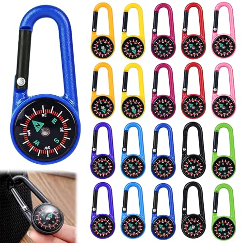 20 Pcs Kompass Mit Karabinerhaken, Kompass Schlüsselanhänger, Kompass Karabiner Outdoor, Mini Kompass Taschenkompass Schlüsselanhänger Karabiner Für Camping, Wandern,Reisen