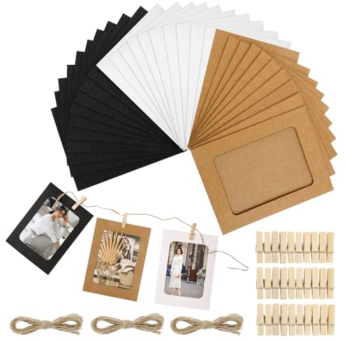 Molain 30 Pack Paper Picture Frames 4x6, DIY Cardboard Photo Hanging Display White/Black/Brown Paper Photo Frames with Clips and Strings Photo Holders Photo Hanging Display Kit for Wall Decor