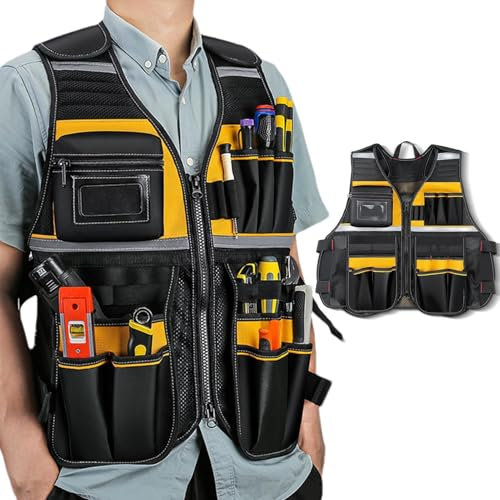 Gilet à outils d'électricien – Veste de travail légère avec ceinture à outils réglable et poches, jaune, Refer to description