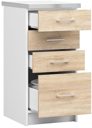 BDW - Küchenschrank Weiß/Sonoma - Schrank Küche mit Arbeitsplatte und Schubladen - Schrank 40 cm breit, 85 cm hoch - Küchenschränke Einzeln, Küchenmöbel Einzelteile