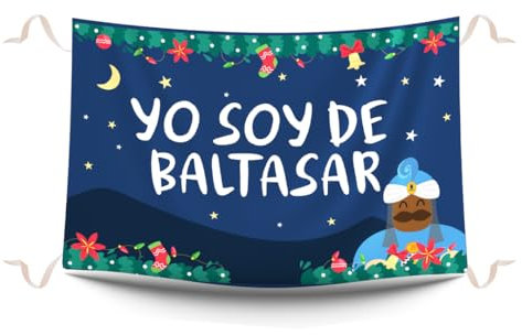 Balconeras de Navidad Yo soy de Baltasar. Decoración navideña y colgaduras divertidas de Navidad. Reposteros navideños para decorar balcones impresos en tela mate. Medidas 100 x 70 cm.