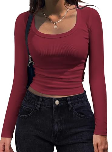 HOTOUCH T Shirts for Women UK Long Sleeve Scoop Neck Shirts Casual Slim Fit Rib Knit Tops Autumn Winter Basic Business Work Tee Red S