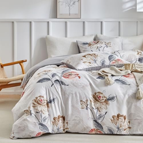 Lekesky King Size Duvet Cover Sets Floral Bedding Sets, Floral Peony Printed Brown King Size Bedding Sets (1x Duvet Cover, 2x Pillowcase) Microfiber King Size Duvet Cover 230x220 cm, Brown/Peony