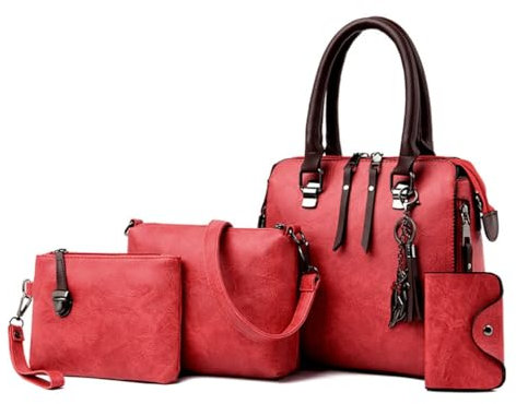 LEIDJGUN Elegante 4-in-1 Vintage PU Leder Umhängetasche Top Griff Tasche Handtasche Set mit Quasten Anhänger und Schultergurt für Damen, rot