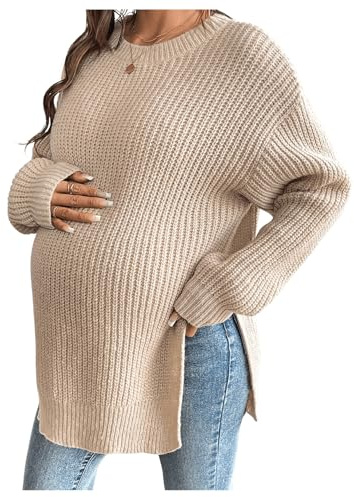 MakeMeChic Women's Maternity Knit Split Drop Shoulder Crew Neck Sweater