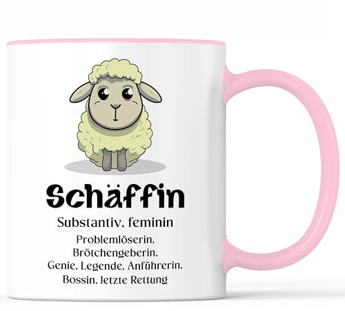 Tazza con scritta Schäffin Chefin Chef, regalo divertente, come idea regalo, tazza da caffè da 330 ml, bianco/rosa