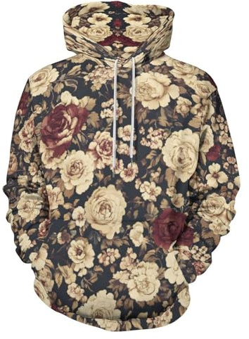 BarbedRose Unisex 3D-Digitaldruck Sweatshirts Kapuzenpullover mit Galaxie-Muster, Weiß/rote Rosen, XXL