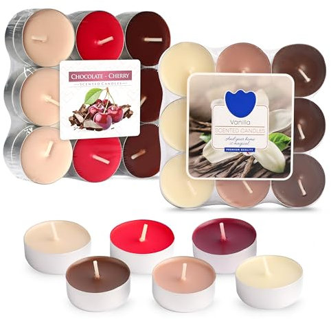 MiCasa SuCasa 36 Teelichter Duft Vanilla & Schoko-Kirsche – 144h Brenndauer aus Paraffin – Kleine Duftteelichter für Party Deko oder Duftlampe – Kerzen Set – Bunte Teelichter in 6 Farbtönen