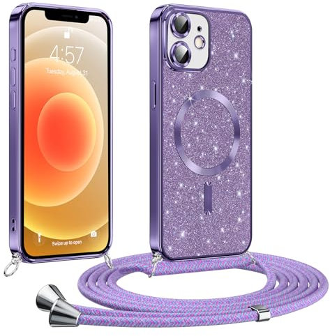 Phoona handyband Hülle für iPhone 12 mit Band, Glitzer Handyhülle Kompatibel mit MagSafe, Ganzkörperschutz Kratzfeste Stossfest Schutzhülle mit Einstellbar Kette, Lila