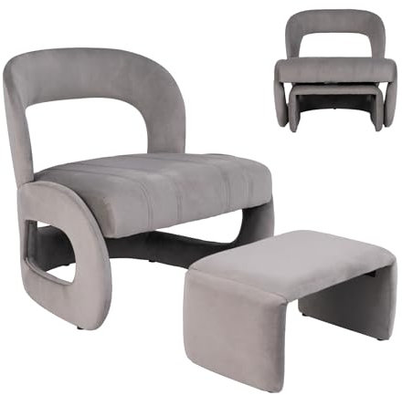 HOMASIS Loungesessel mit Hocker, gepolsterter Relaxsessel aus Samt, platzsparender Ohrensessel mit Rückenlehne, belastbar 180 kg, modern Fernsehsessel für Wohnzimmer Schlafzimmer Büro, Grau