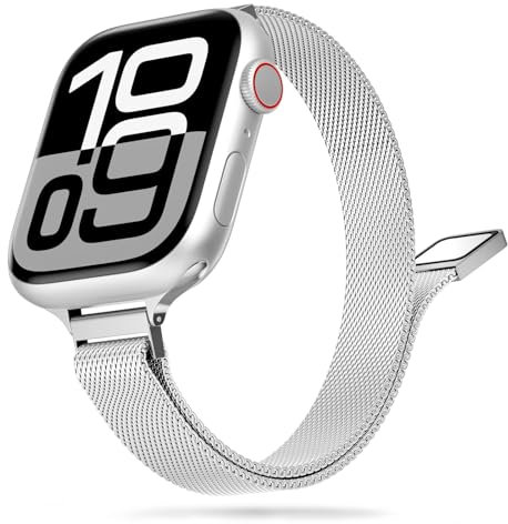 Tuocal Schmal Armband Kompatibel mit Apple Watch Armband 38mm 40mm 41mm 42mm(Series 10), Schlank Milanese Mesh Metall Apple Watch Armband für iWatch Series 10 9 8 7 6 5 4 3 2 1 SE Damen, Silber