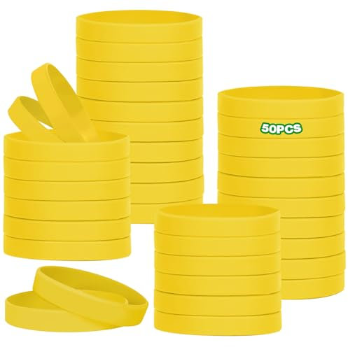 HONTIUS 50 Pezzi Braccialetti In Silicone, 7'' Braccialetti In Gomma, Vuoto Elastici di Gomma per per Adulti Uomo Donna Scuola Insegnante Squadra Festa Fitness Corsa Sport Giallo