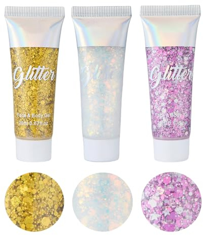 Body Glitter Gel, 3 Stück Mermaid Chunky Body Lotion Glitzer, Langlebig Flüssiger Lidschatten für Gesicht Haare Nägel Make Up, Gold Weiß Lila Körperglitzer, Masquerade Birthday Festival Accessoires