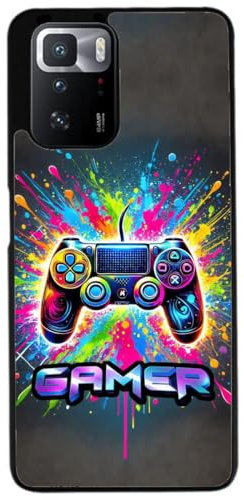 FunKaz Coque pour Xiaomi Redmi Note 10 Pro 5G - Gamer Manette de Jeu Fond Multicolore - Coque Noire TPU