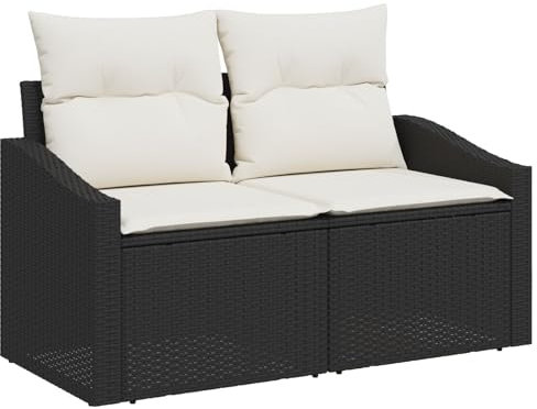 vidaXL Zeitgenössisches Zweisitzer-Outdoorsofa mit Stauraum Schwarz und Creme Wetterfeste Kissen UV Rattan Moderne Garten Sitzgelegenheit für Patios Balkone Patio Möbel Poly Polsterbank