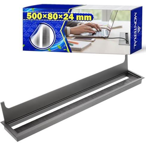 MONTERAL Kabeldurchführung Schreibtisch 500x80 mm H24 mm Schwarz Farbe | Kabeldurchlass Schreibtisch mit Bürsten - Garantie 10 Jahre - MONTERAL