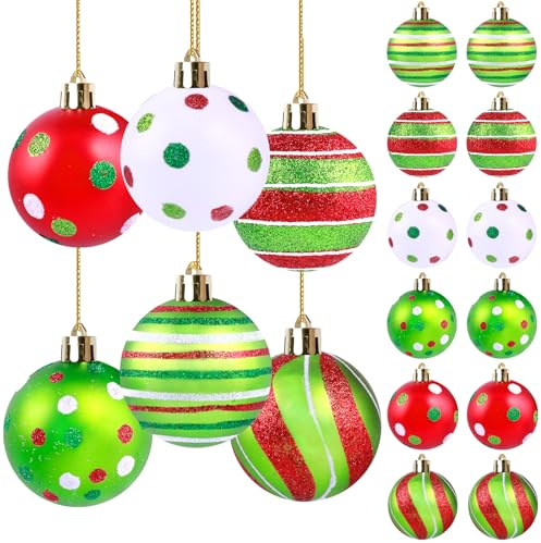 ZWLIYCHN Christmas Tree Baubles 12Pcs, 60mm Christmas Decorations Baubles with Lanyard, Shatterproof Shining Green Red White xmas Bauble for Seasonal New Year Festival Party Decorations
