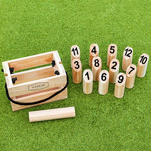Harrier Number Kubb Skittles Game Set – 12 Numbered Pine Wooden Skittles & Hardwood Throwing Baton in Luxury Carry Bag – UK‑Made Outdoor Family & Educational Garden Game